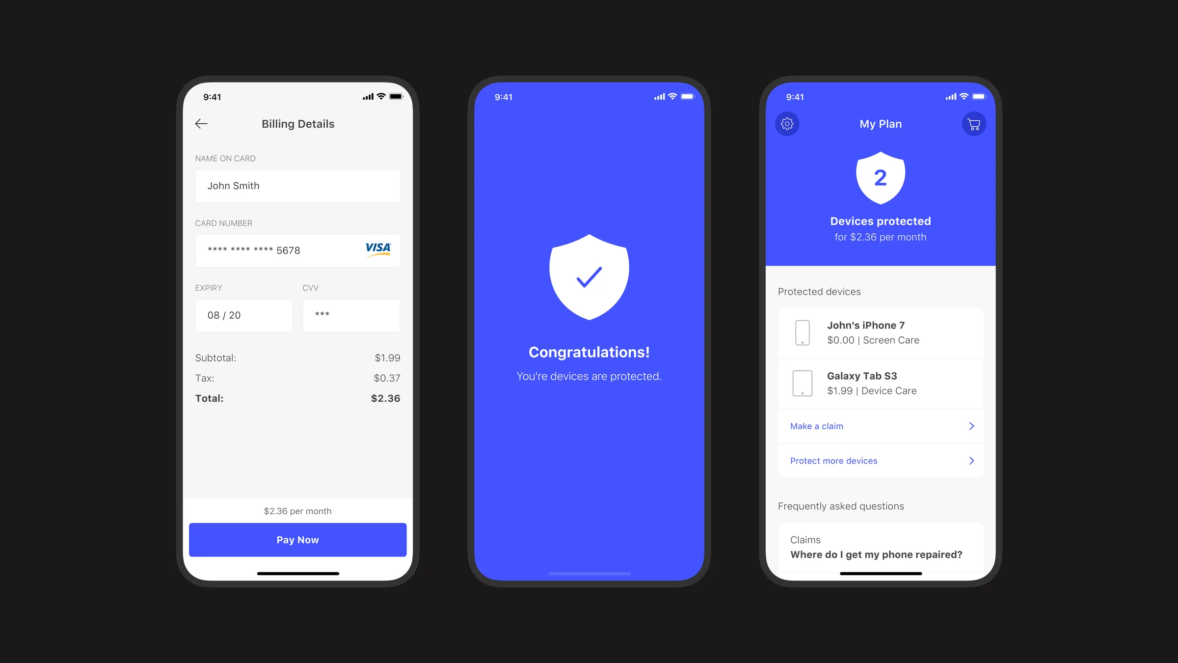 Billing details, a confirmation screen with a shield and check mark, and the My Plan dashboard showing two protected devices
