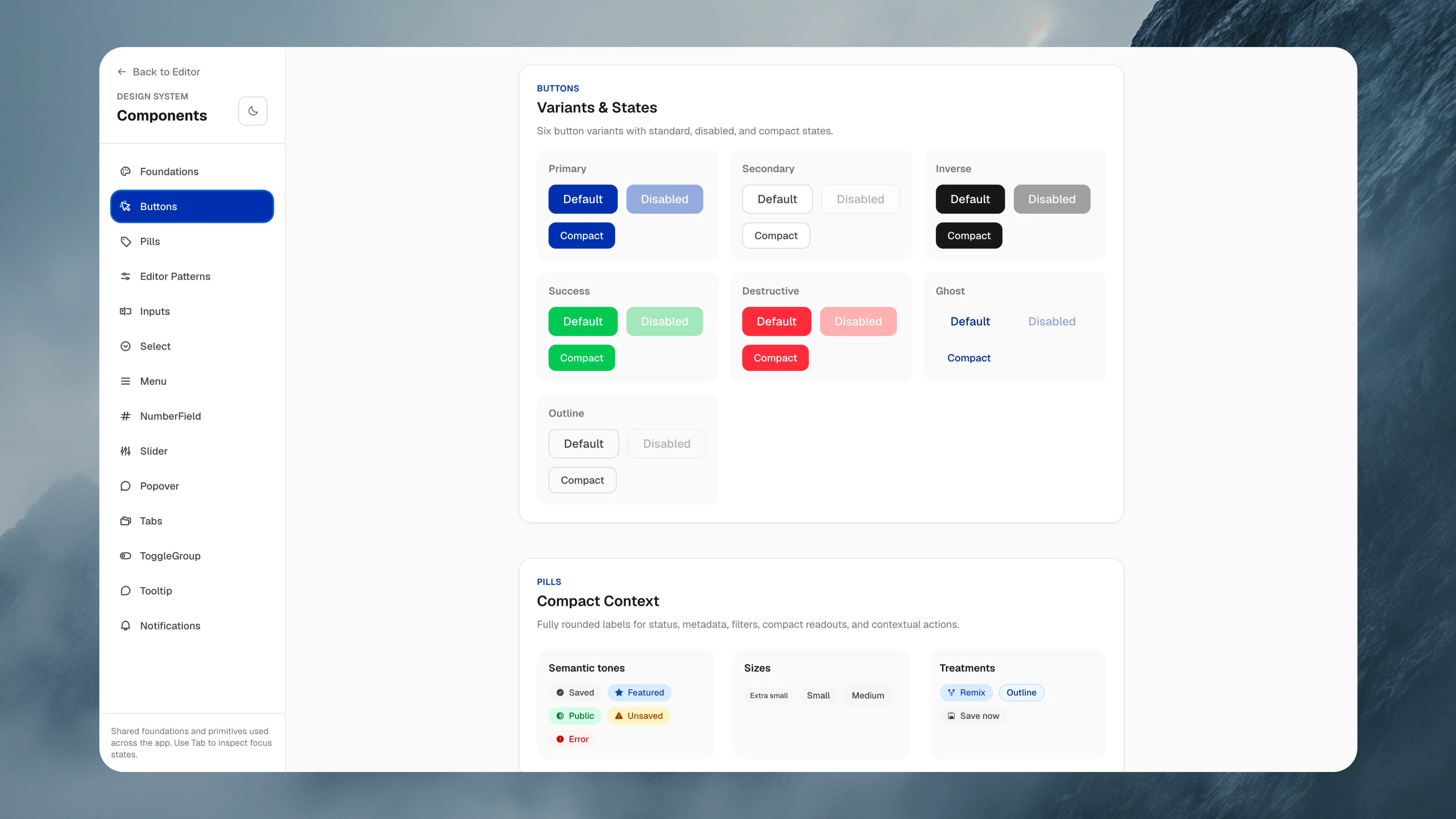 ModFont's in-app Components page showing button variants (primary, secondary, inverse, success, destructive, ghost, and outline) in default, disabled, and compact states, above pills in semantic tones, sizes, and treatments.