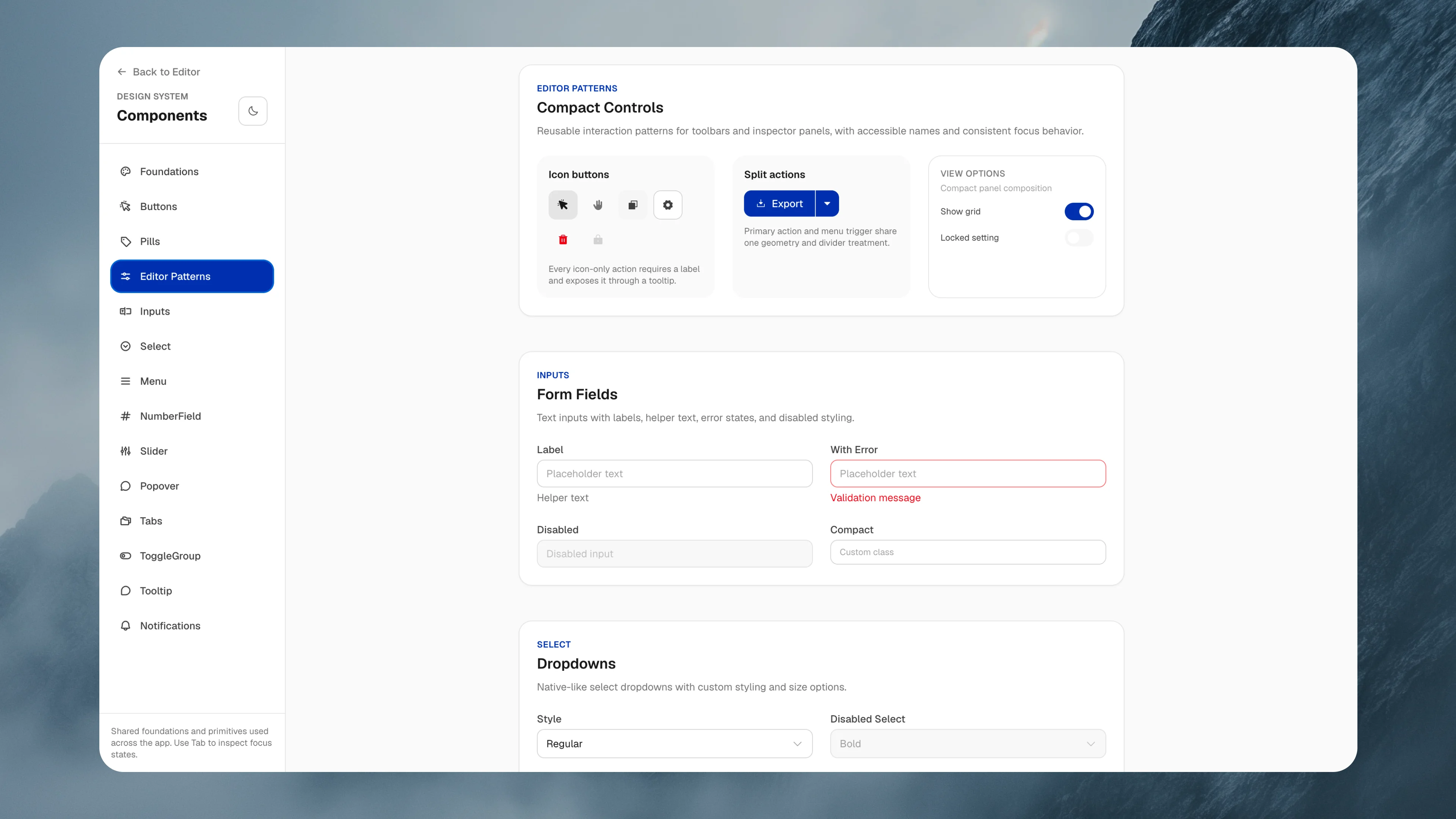 ModFont's Components page showing editor patterns—icon buttons, a split Export action, and view-option toggles—above form fields with helper, error, disabled, and compact states, and select dropdowns.