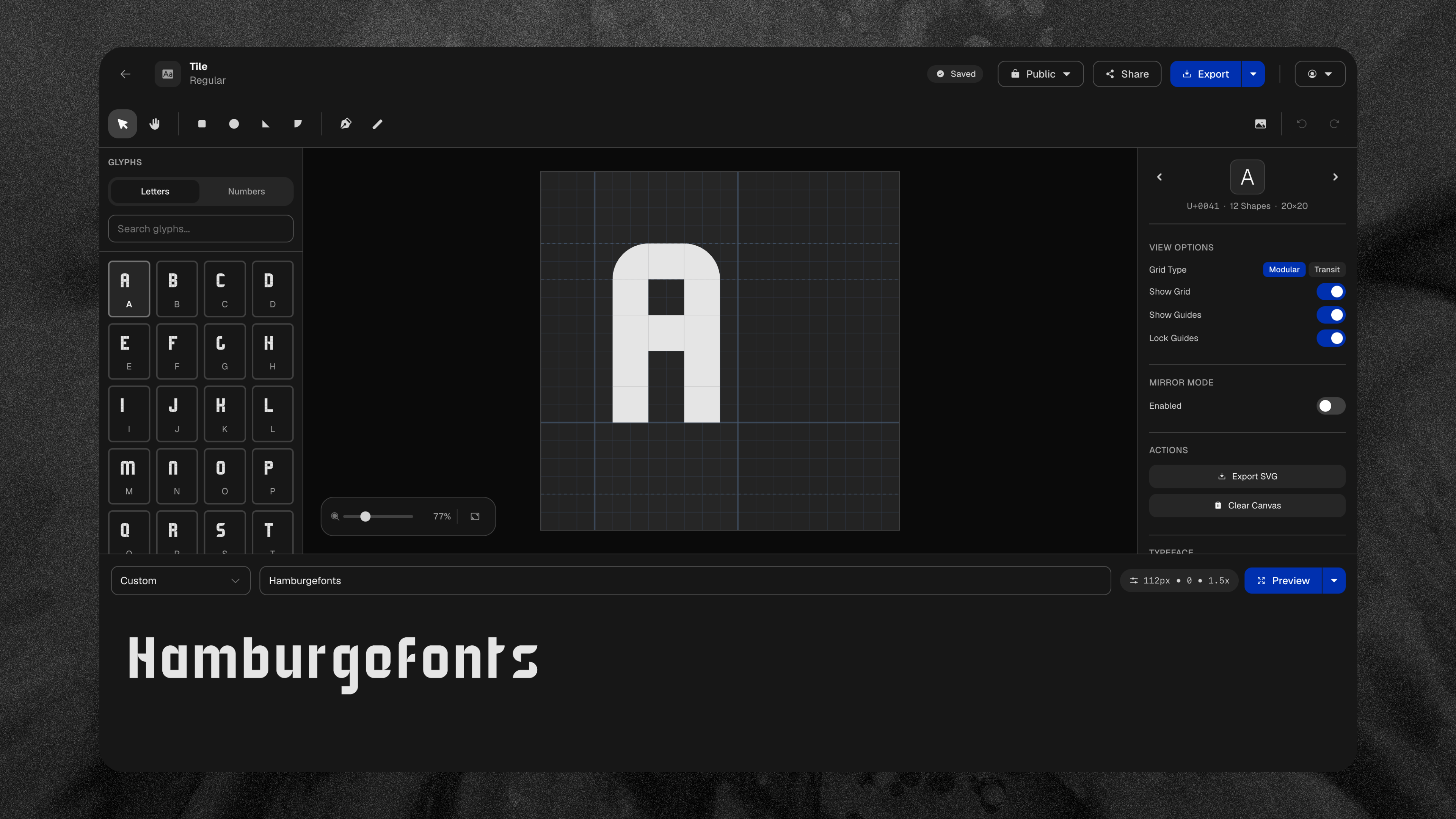 ModFont's glyph editor with a modular A on the grid, a glyph library, and a live word preview.
