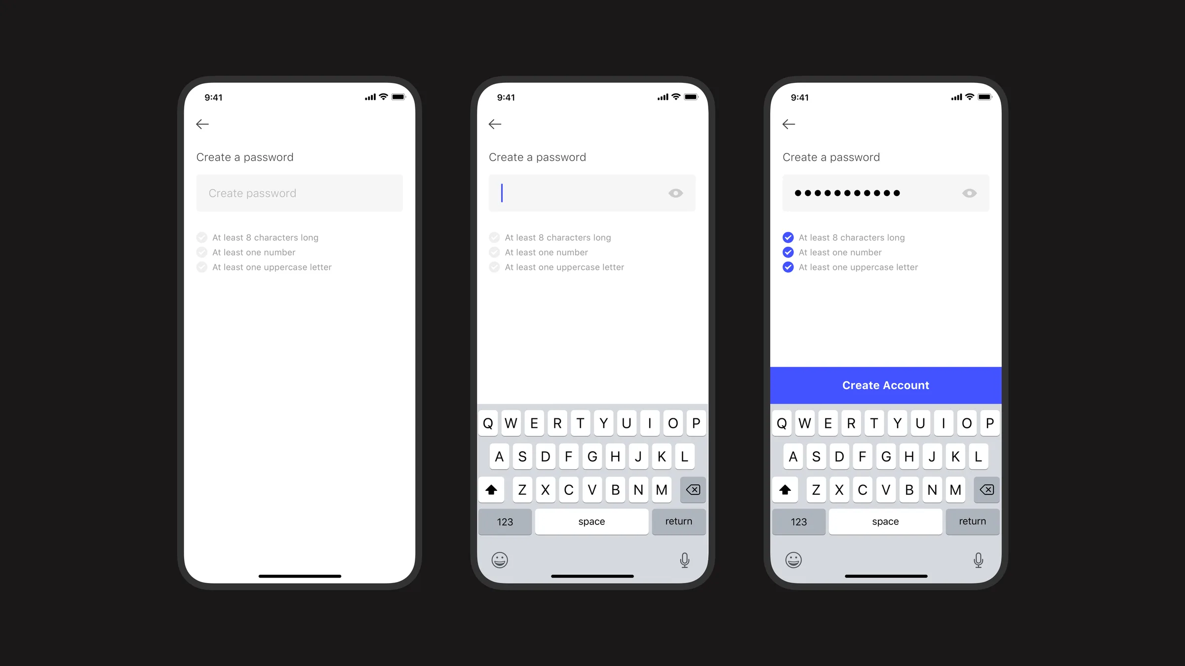 Create password screens moving from empty to typing to all requirements met with a Create Account button