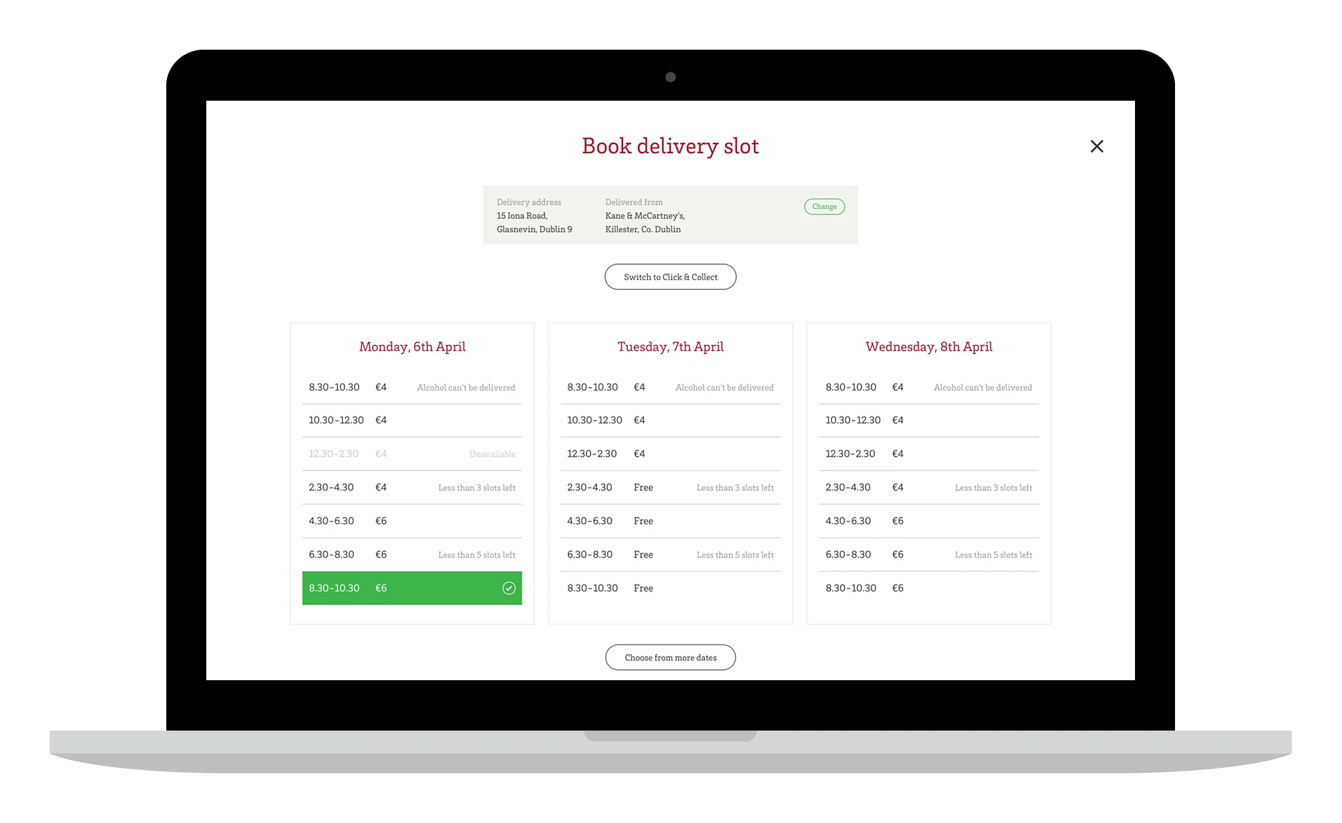 Laptop showing a Book delivery slot overlay with three days of time slots, prices, and a selected slot in green