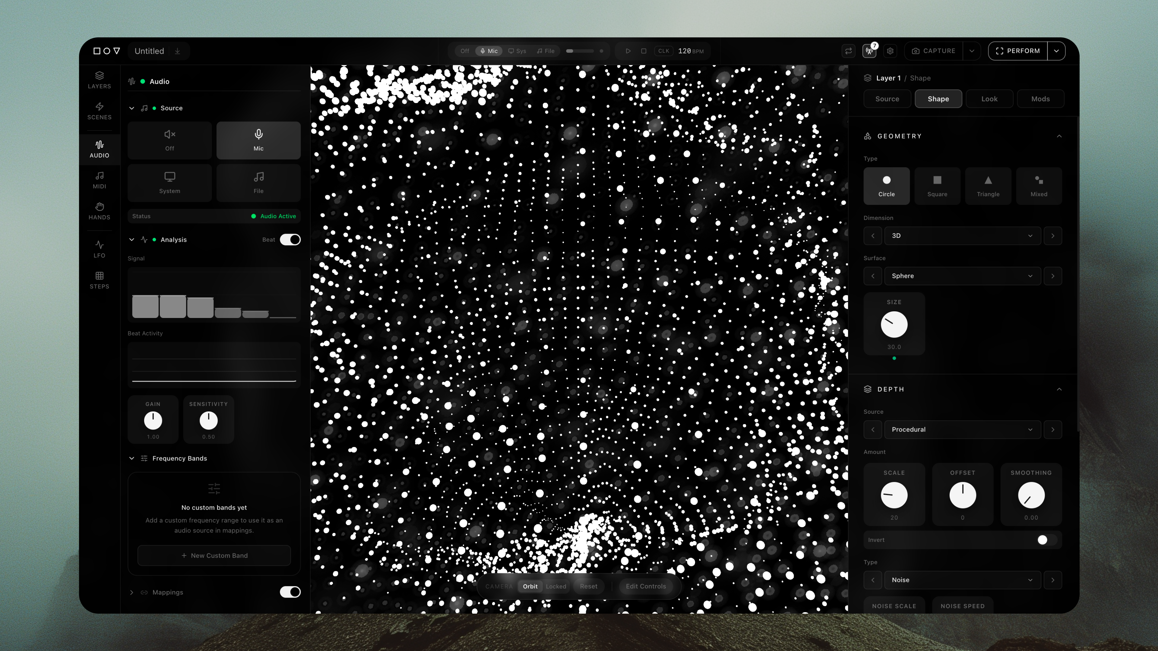The full ModVisuals interface with the Audio panel open on the left, showing mic input, frequency analysis, and gain and sensitivity knobs, beside a monochrome particle field and the Shape panel's geometry and depth controls on the right.
