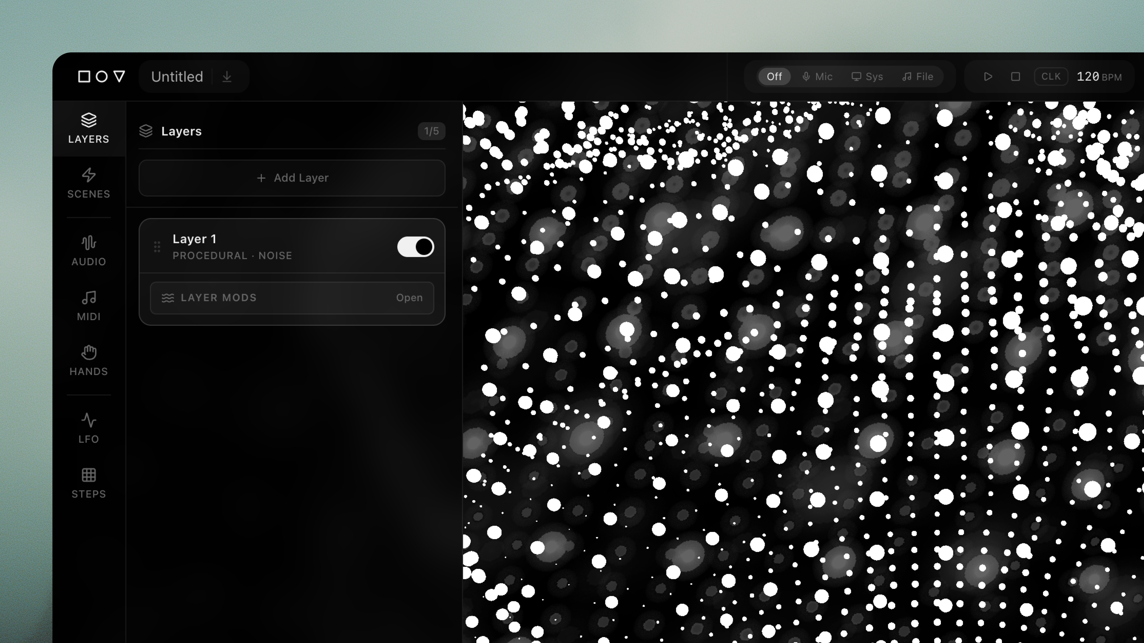 Close-up of the left rail and Layers panel, showing a single procedural noise layer with a toggle and a Layer Mods row, next to a field of white particles.