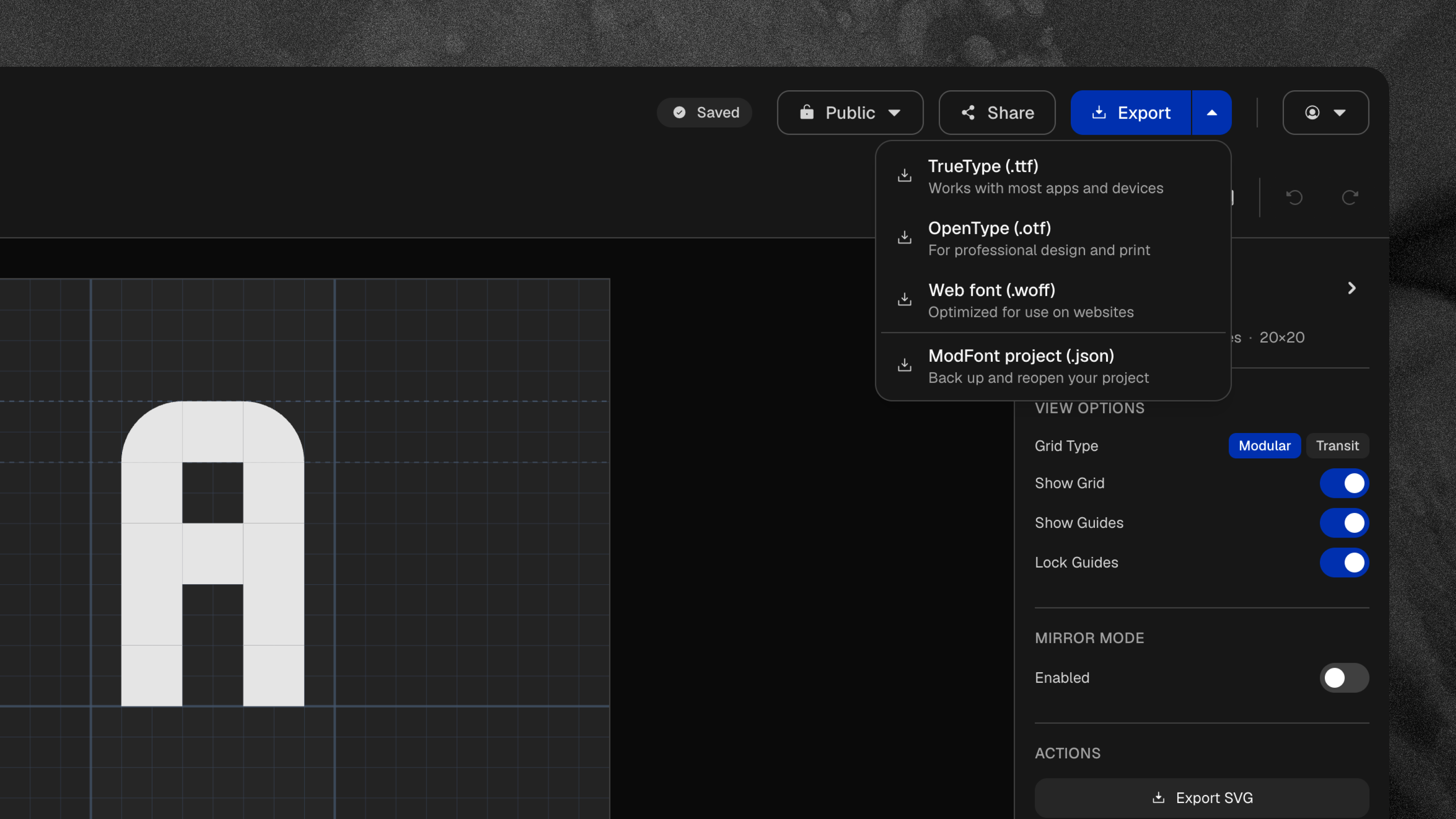 ModFont's export menu offering TrueType, OpenType, web font, and ModFont project formats beside the modular A.