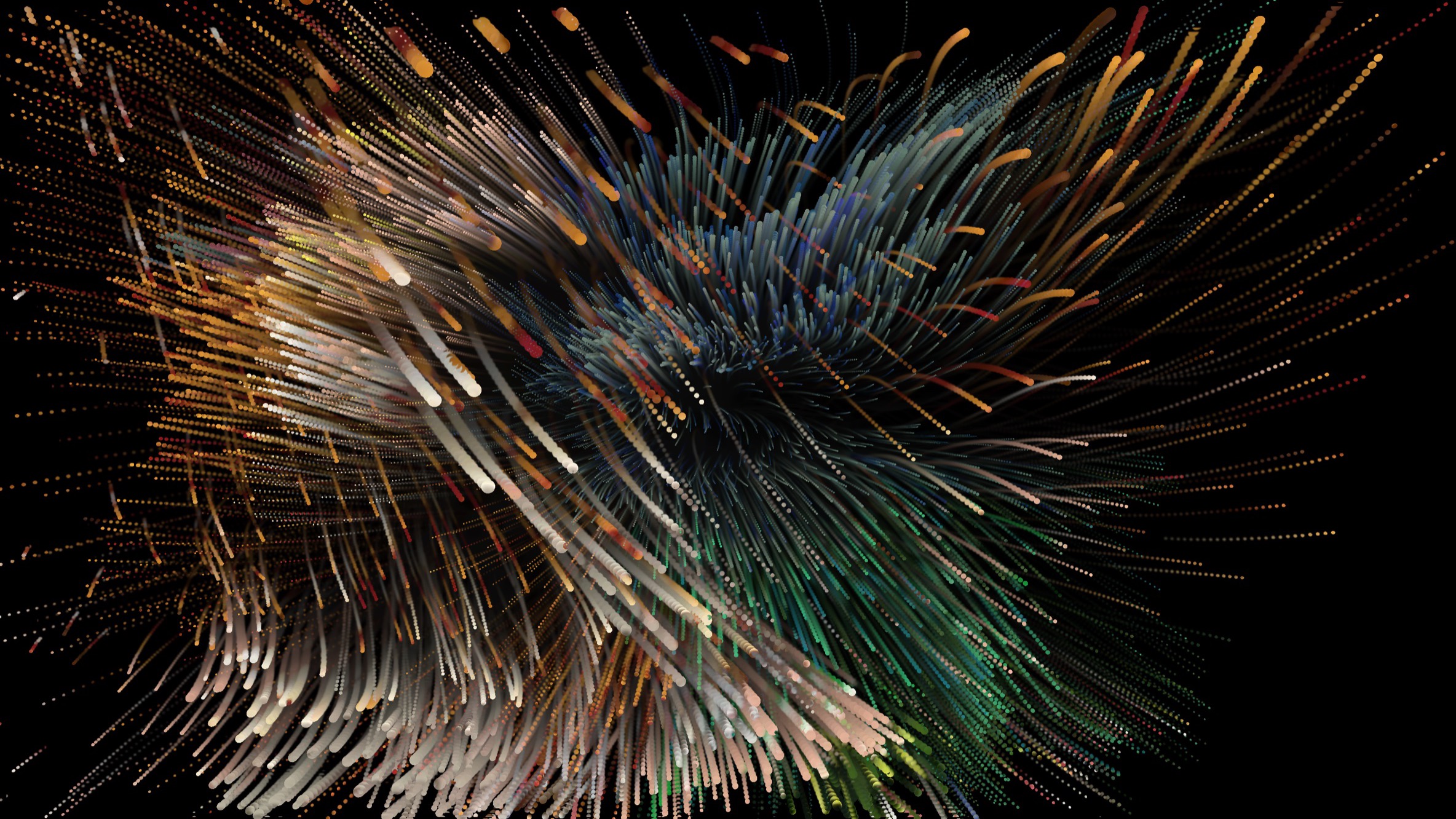 Thousands of long, fibre-like strokes in copper, teal, and green bursting outward from a dense centre.