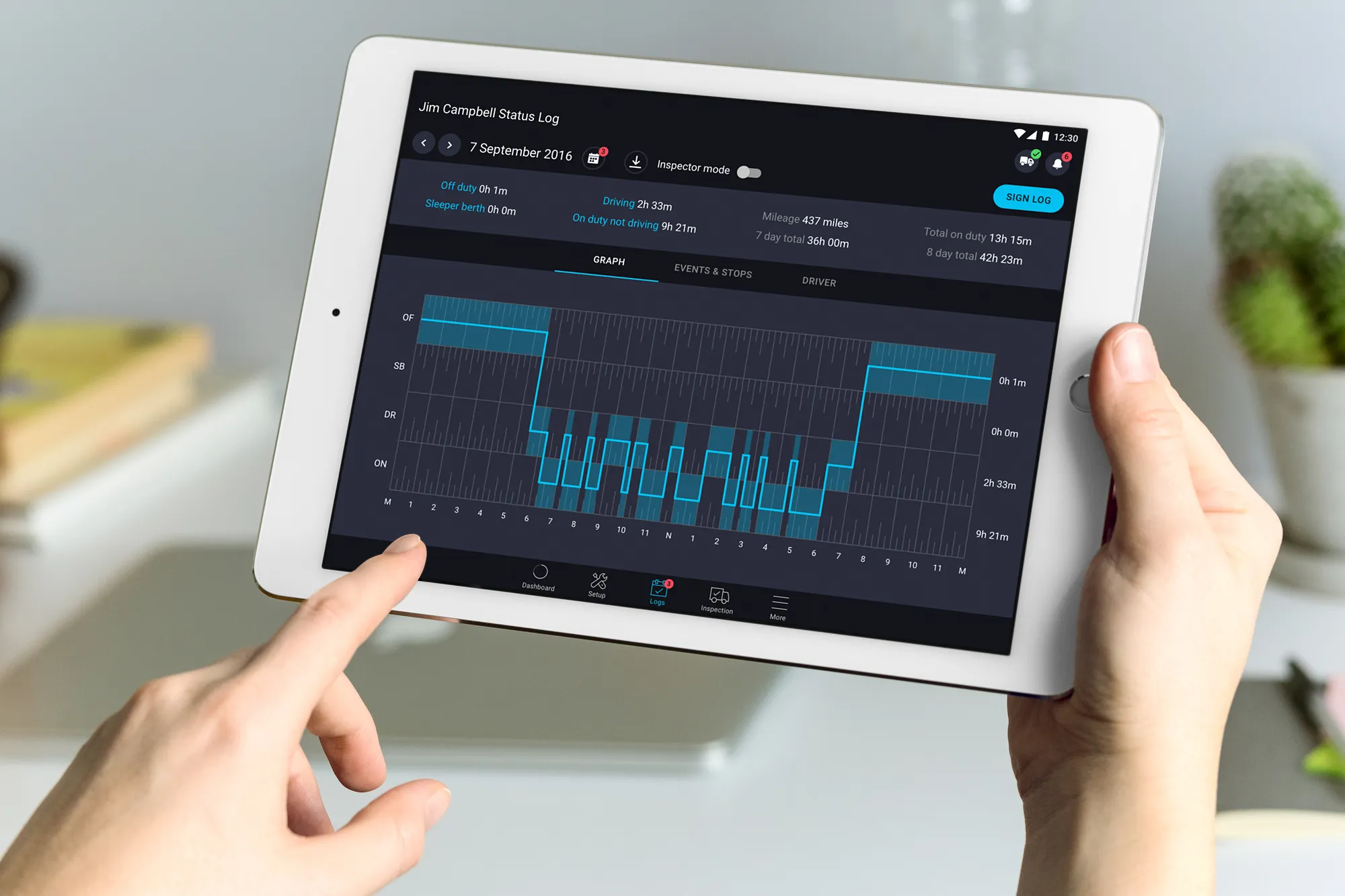 Tablet status log graphing a driver's day across off duty, sleeper berth, driving, and on duty, with daily totals and a Sign Log button