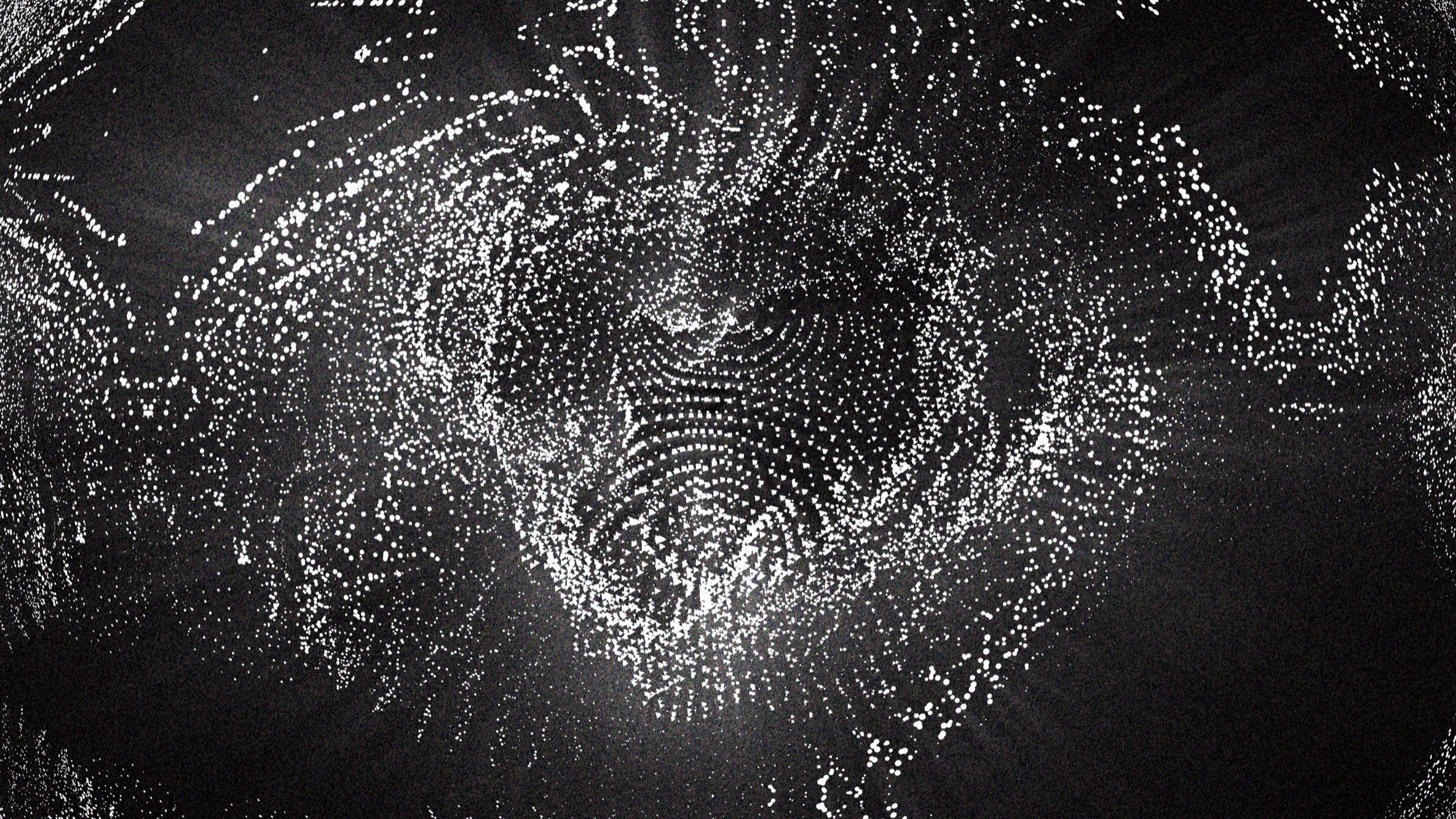 A monochrome particle vortex swirling around a dark centre, with mirrored forms at the edges.