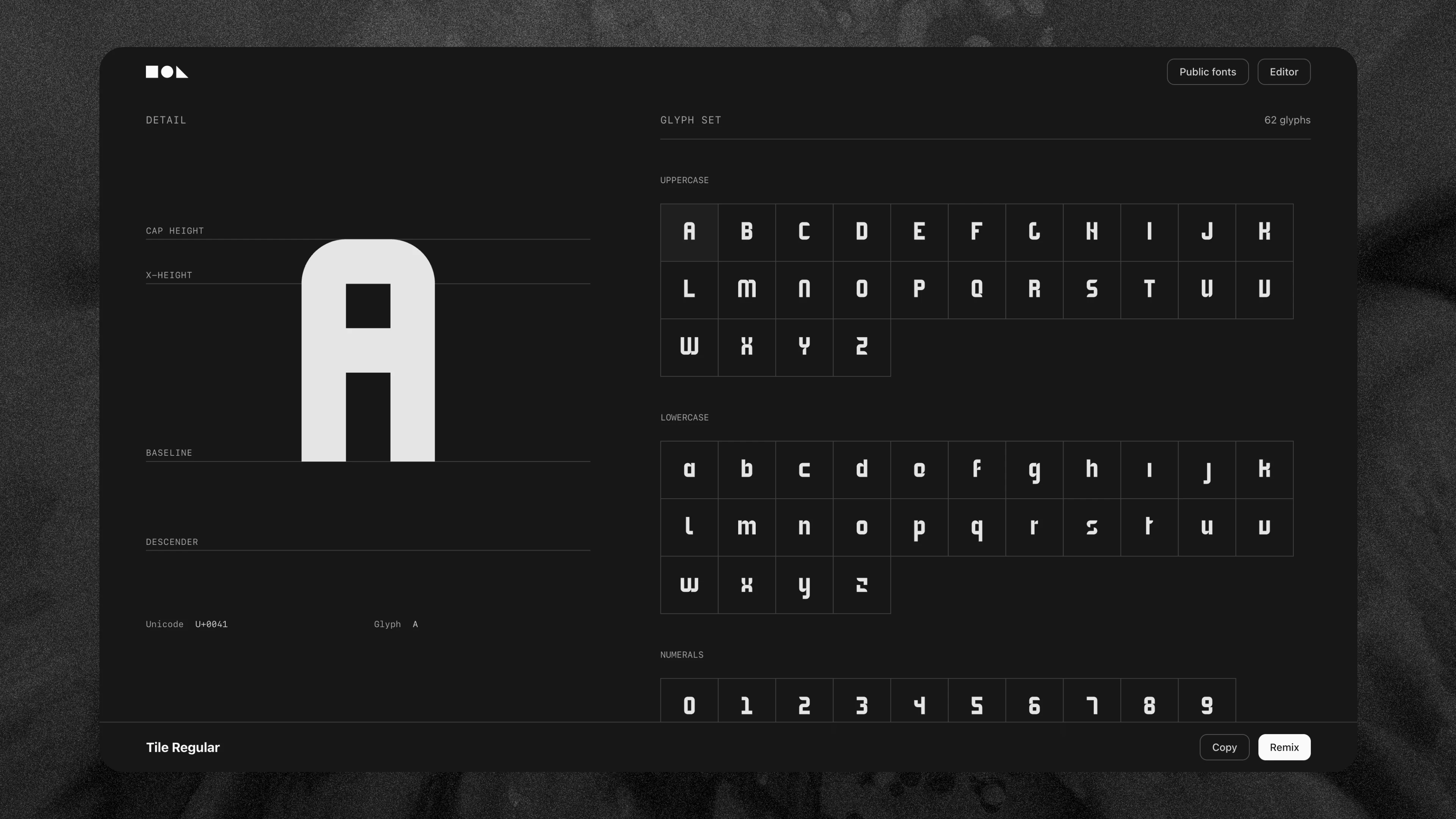 Public page for the Tile Regular typeface, showing a large A against cap height, x-height, baseline, and descender guides beside its 62-glyph set, with Copy and Remix actions.