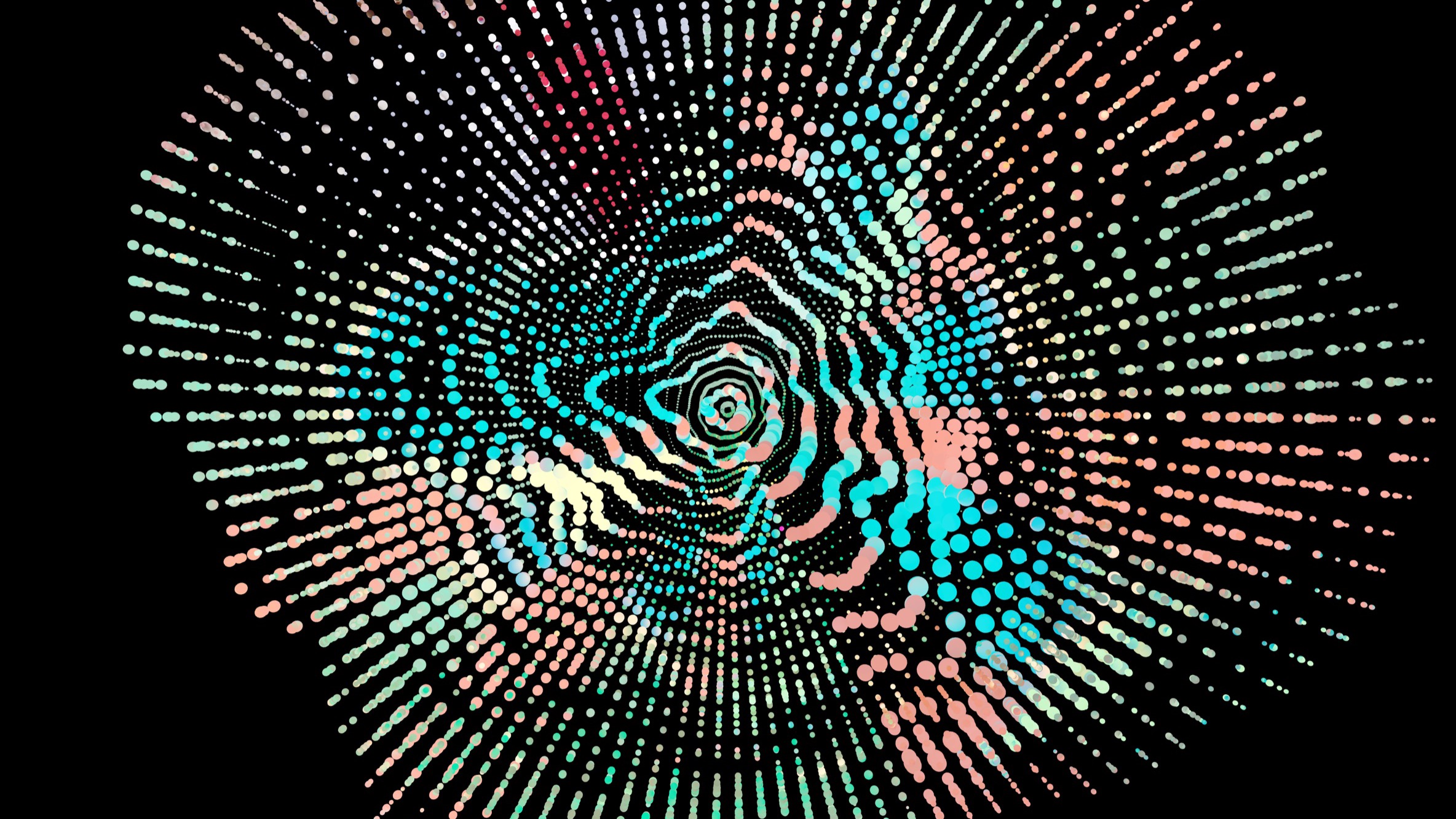 A radial bloom of dashed lines rippling outward in cyan, coral, and cream on black.