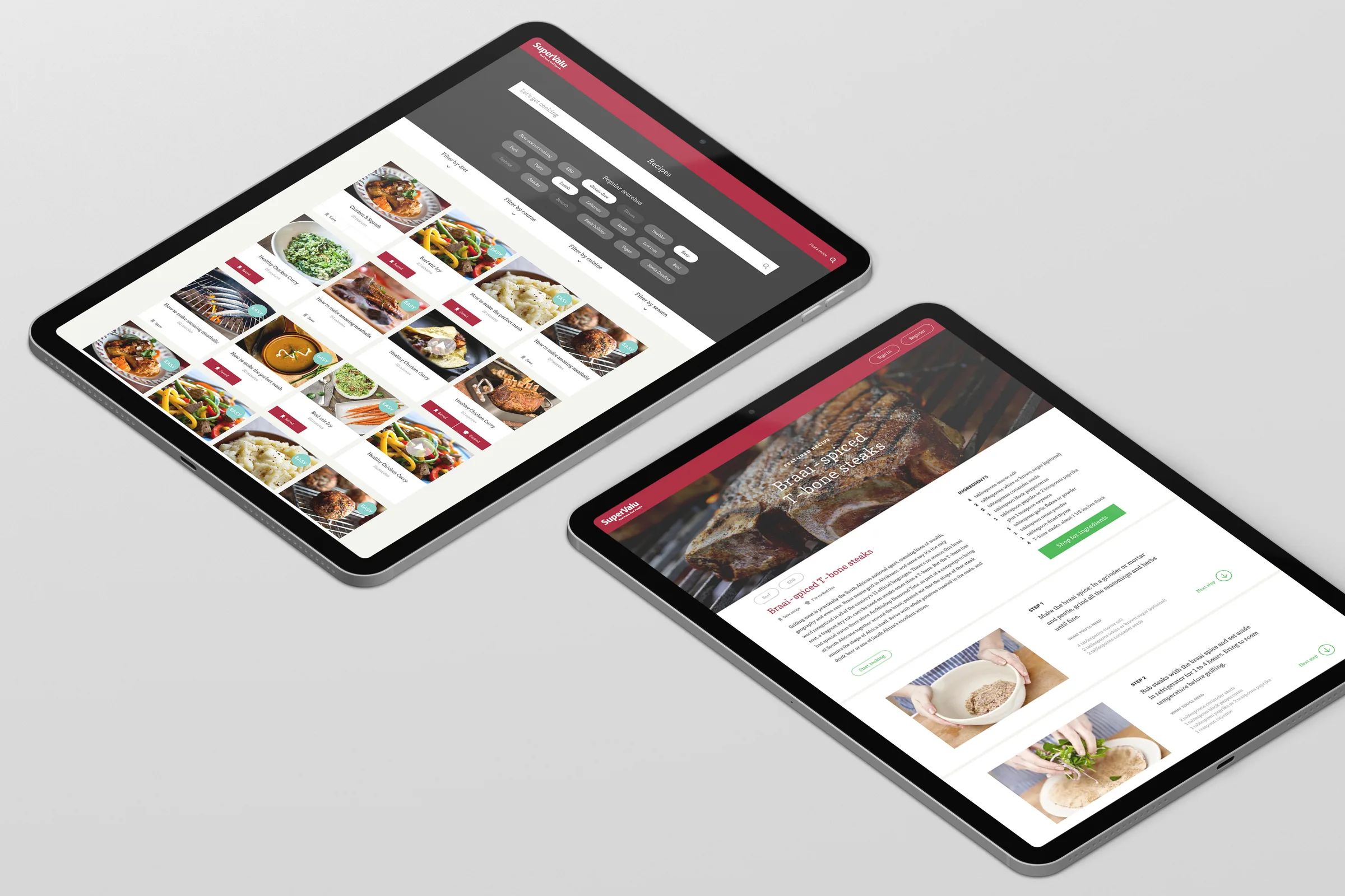 Two tablets showing a recipe hub with filter tags and a grid of dishes, and a recipe page for spiced T-bone steaks with steps and ingredients