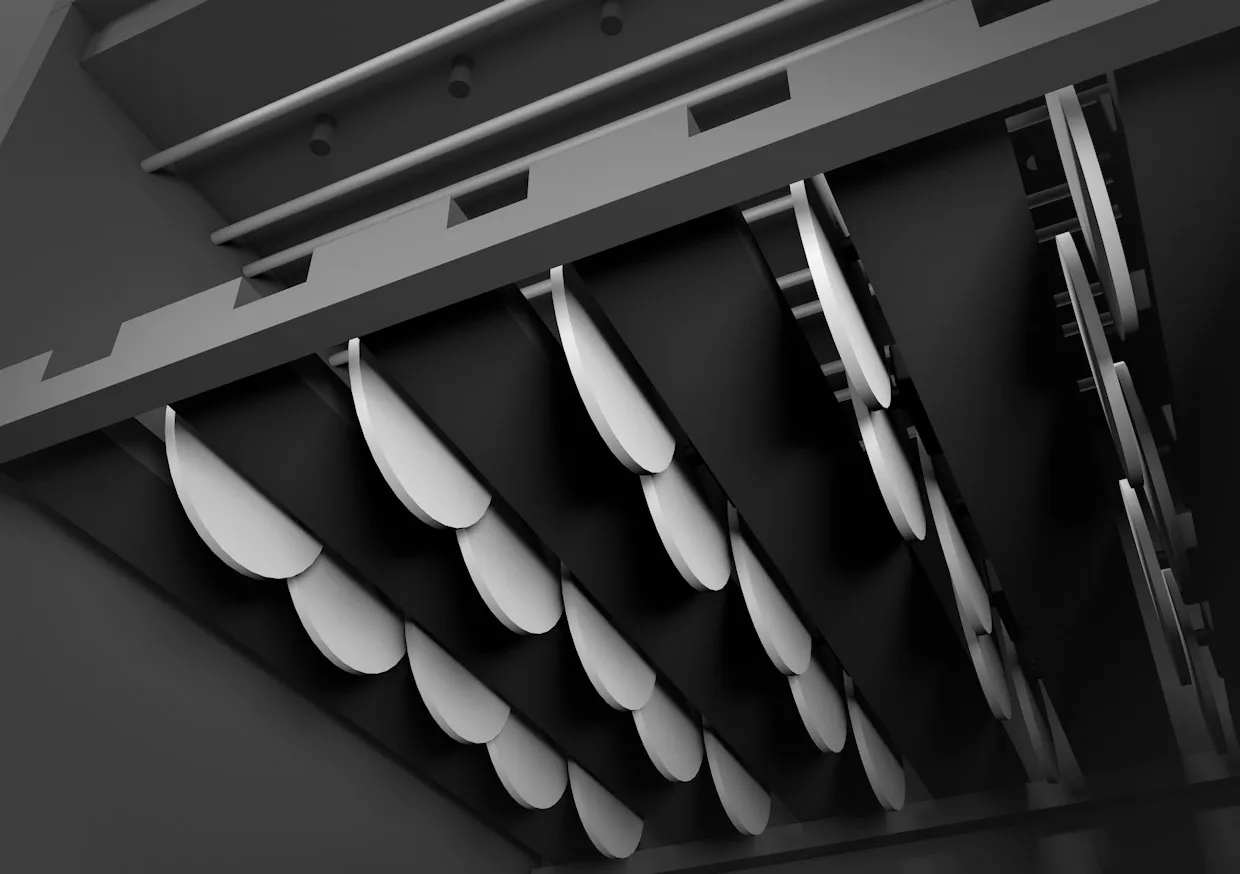 3D render looking up at staggered rows of white discs mounted inside the cabinet beneath slotted shelves