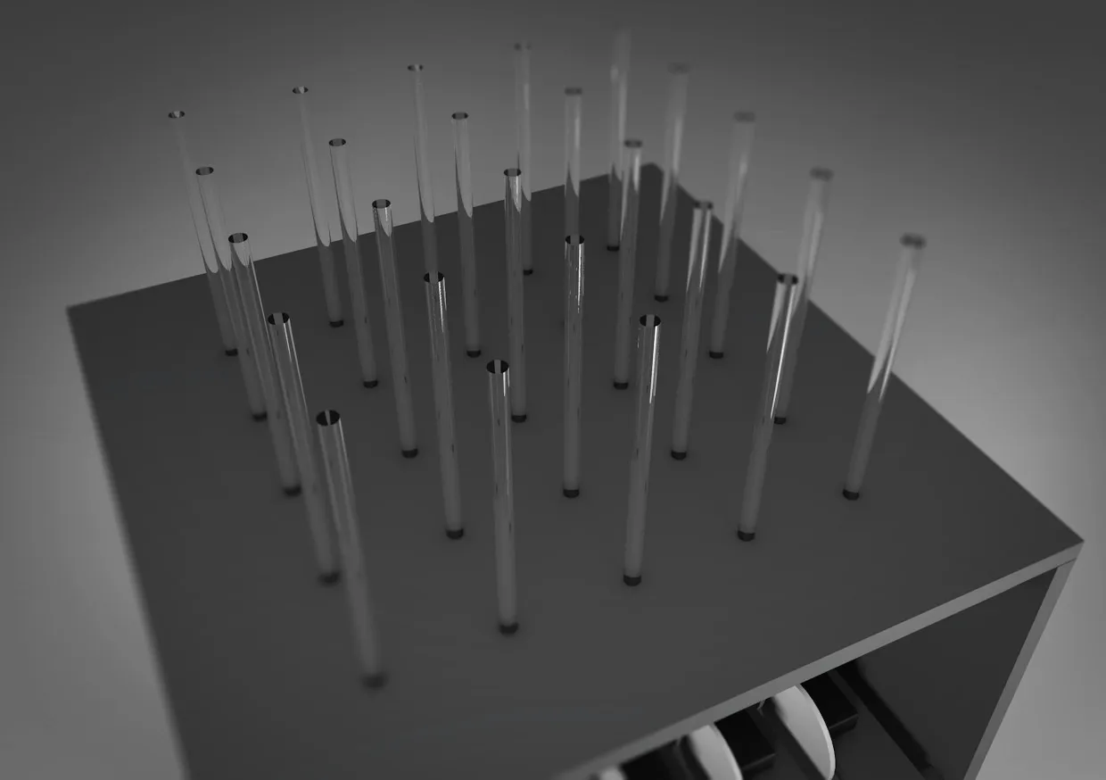 3D render of a dark plinth with clear pins standing at different heights across its top