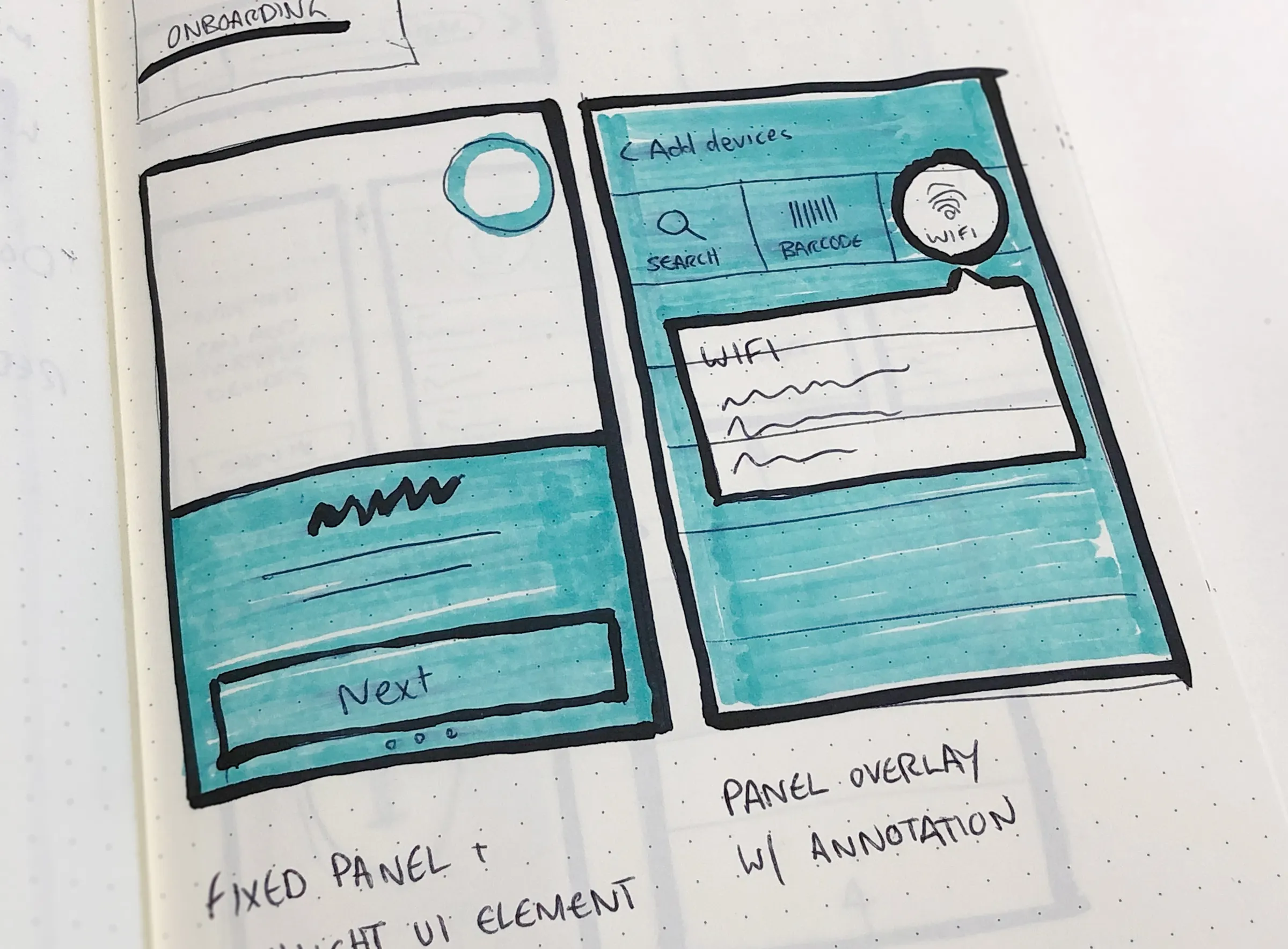 Teal marker sketches of an add devices panel with search, barcode, and Wi-Fi options