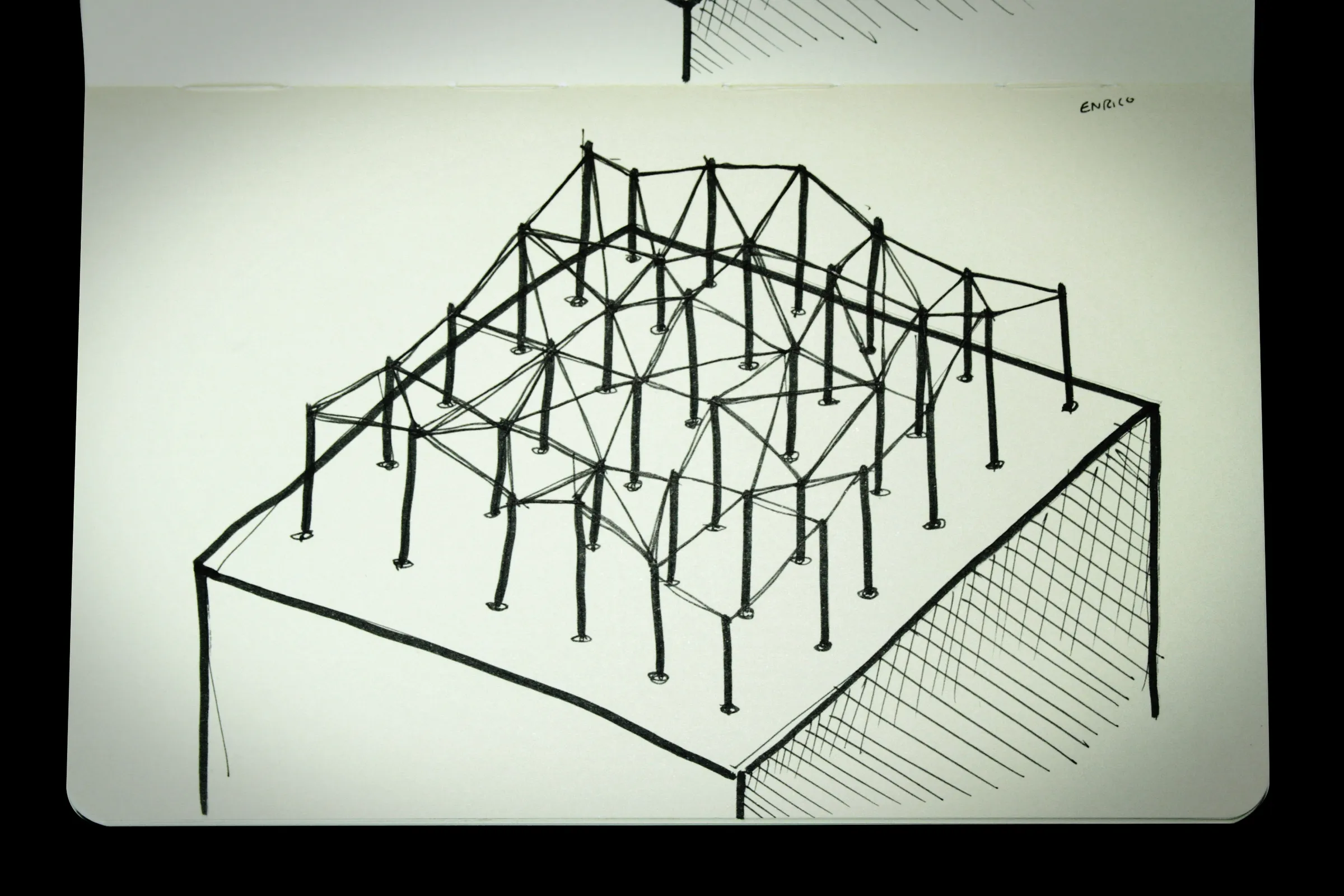Sketch of a grid of pins rising from a table, joined at their tips by lines that form a network
