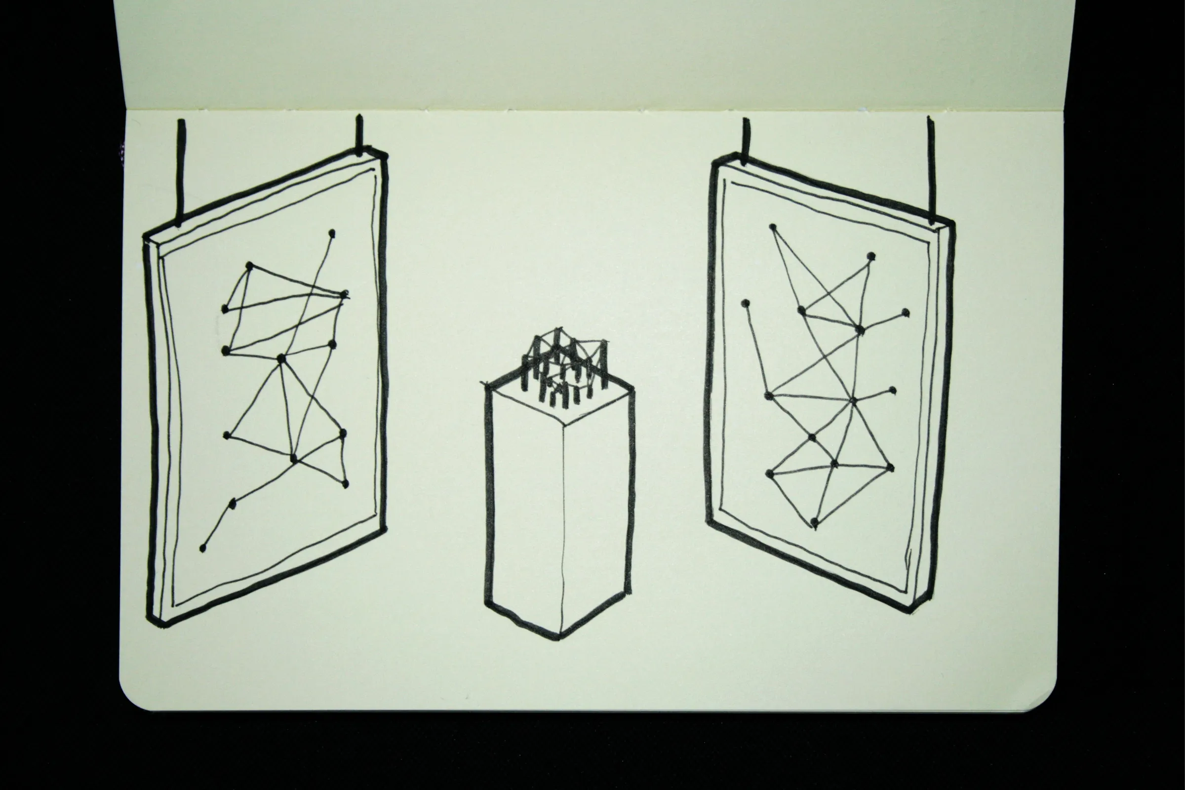 Sketch of a tall plinth topped with pins, standing between two hanging panels that show network diagrams