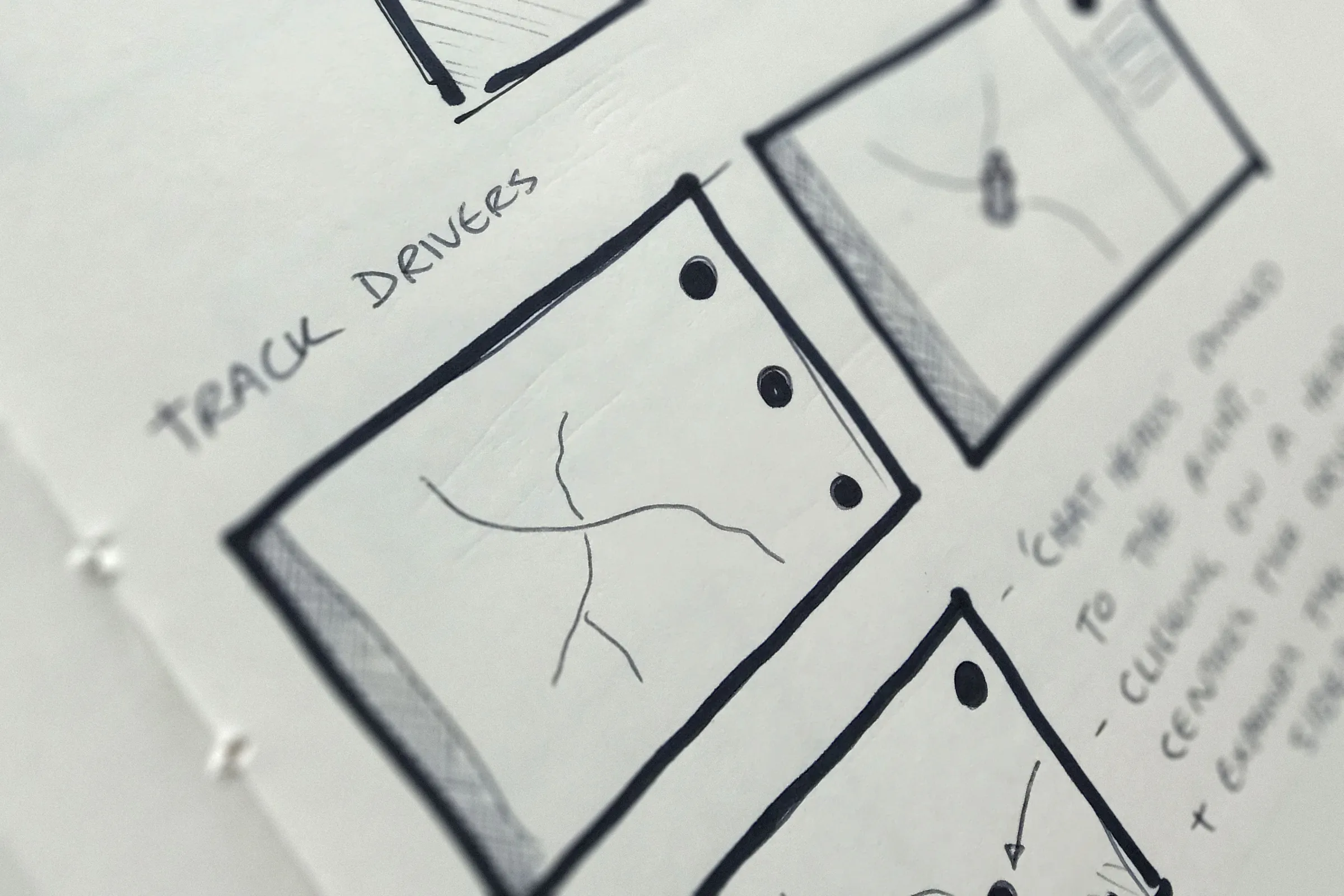 Notebook sketch labelled Track Drivers showing a map with a side panel and driver markers