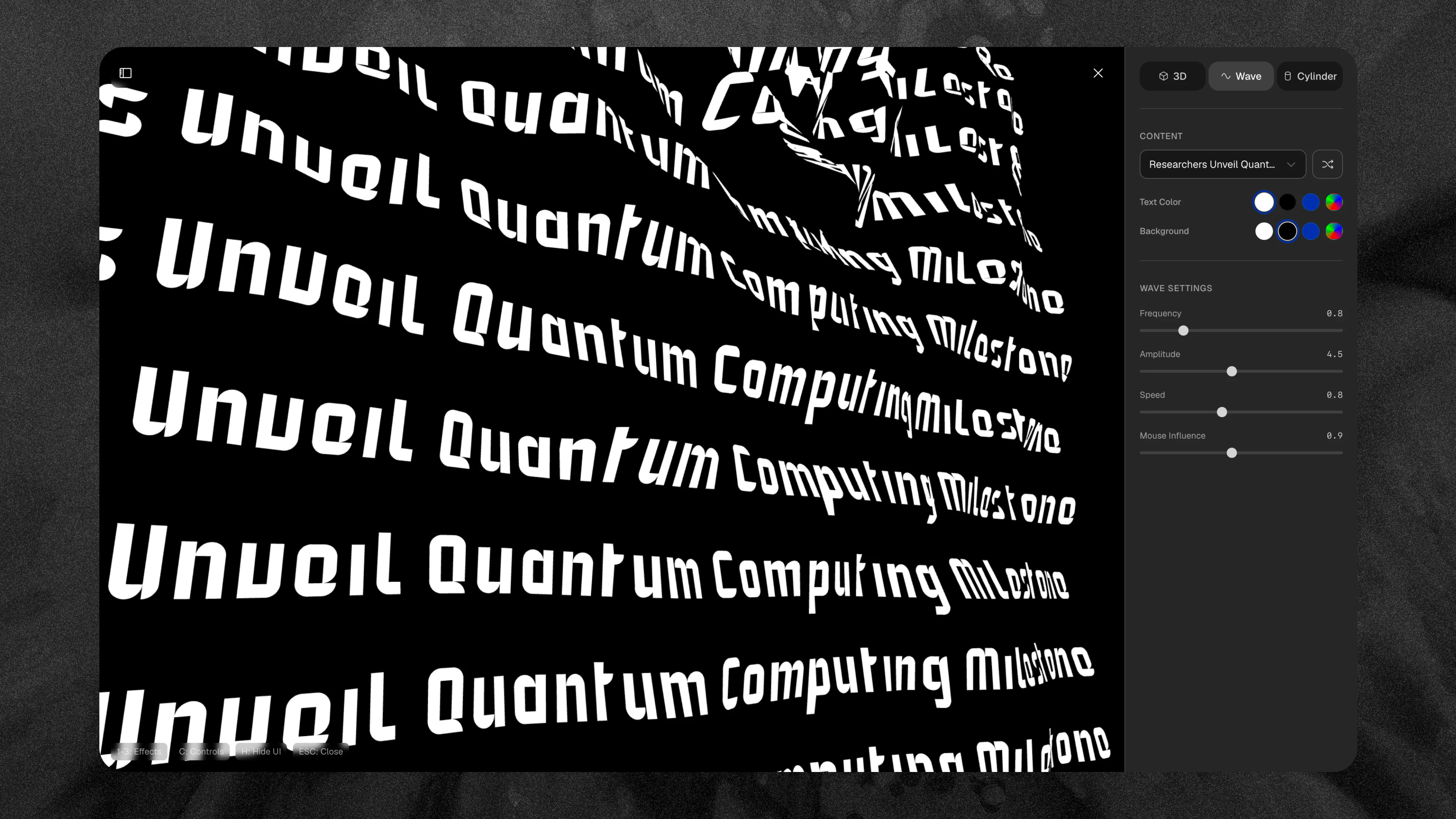 Full-screen Wave preview setting Researchers Unveil Quantum Computing Milestone in white on black, rippling across the canvas, with 3D, Wave, and Cylinder effects and wave settings alongside.