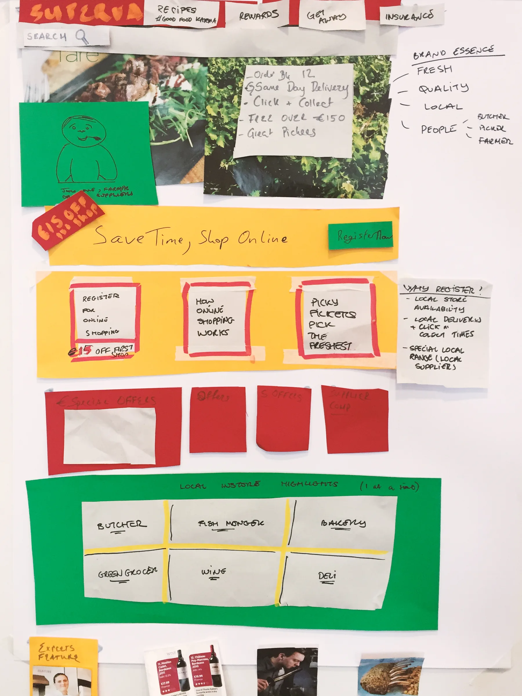 A paper homepage collage on a flipchart with a produce photo, a red banner reading Save time, shop online, and rows of coloured cards for categories