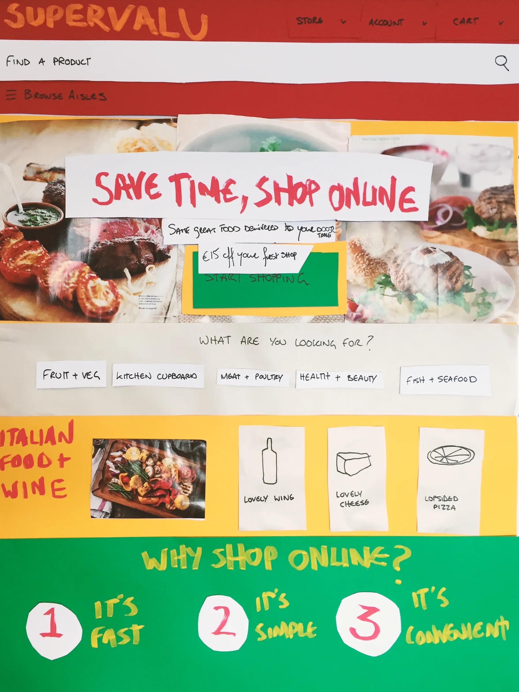 A second homepage collage with a SuperValu header, a Save time, shop online headline, an Italian food and wine panel, and three reasons to shop online